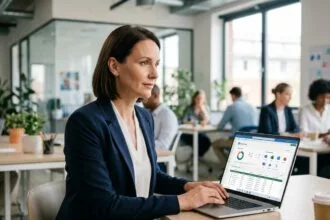 Une professionnelle en PME utilisant Office 365 sur un ordinateur portable dans un bureau moderne en open space