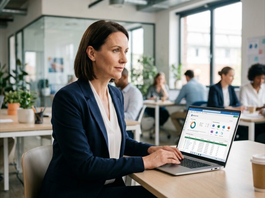 Une professionnelle en PME utilisant Office 365 sur un ordinateur portable dans un bureau moderne en open space