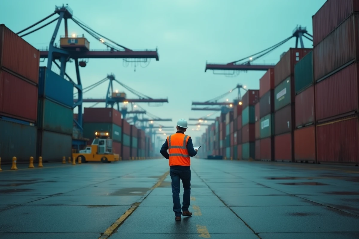 Port industriel international avec des conteneurs et grues symbolisant les échanges commerciaux mondiaux et les enjeux économiques
