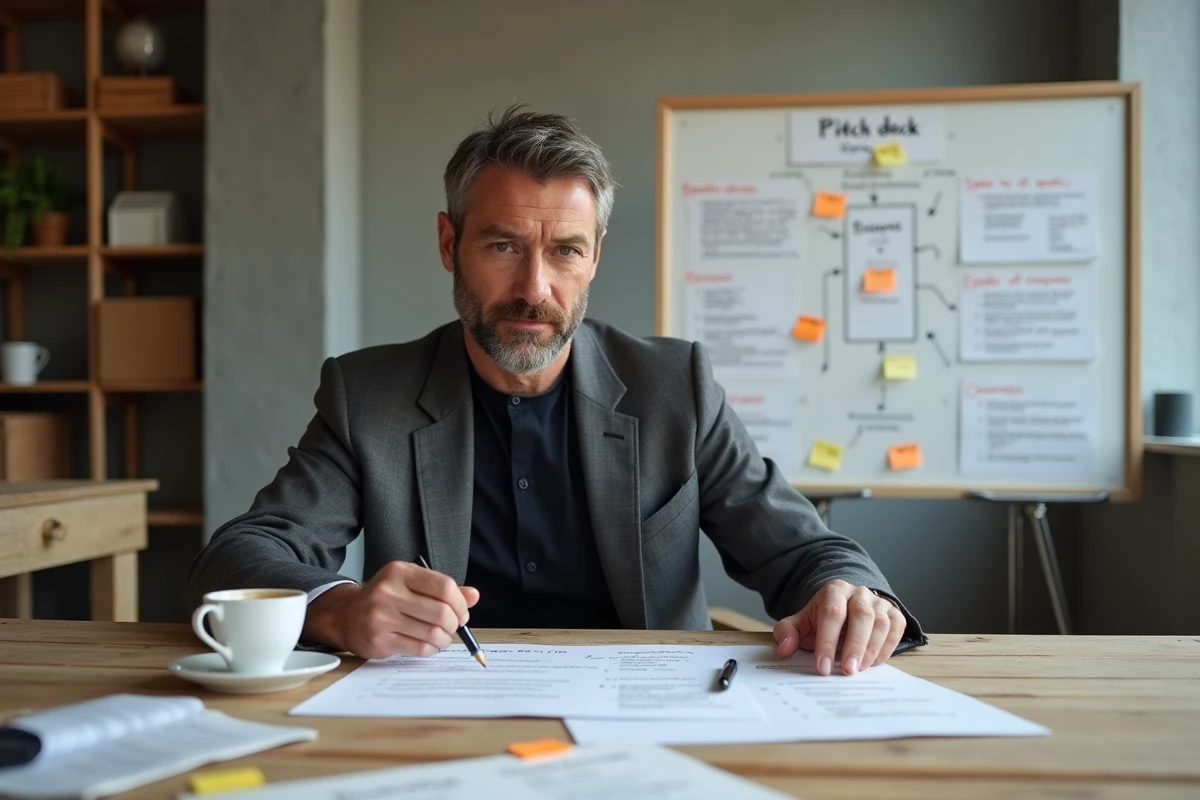 Entrepreneur préparant son dossier de pitch pour le FRCI Île-de-France avec documents et notes manuscrites sur bureau