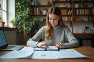 Femme organisant ses documents bancaires et pièces d'identité avant de contacter le service client Lydia
