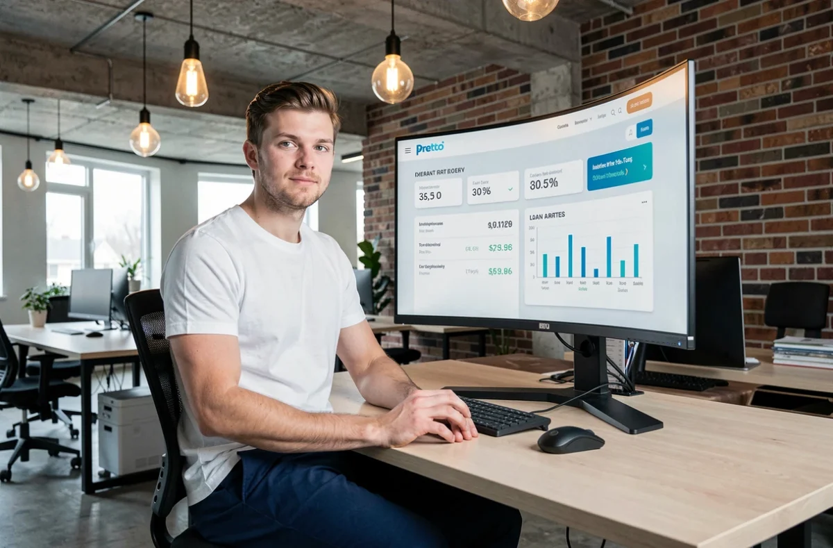 Courtier Pretto utilisant la plateforme digitale de simulation de prêt immobilier dans un bureau de style startup