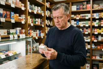 Un homme belge d'âge mûr examine un paquet de cigarettes au comptoir d'un bureau de tabac, illustrant les prix des cigarettes en Belgique en 2026