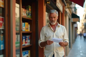 Homme devant un estanco espagnol consultant les prix des cigarettes affichés en vitrine