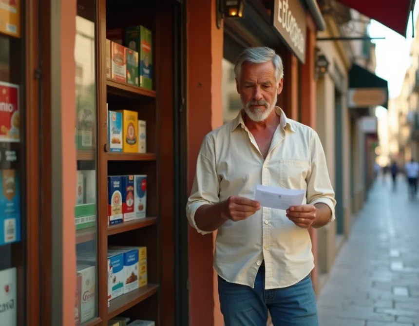 Homme devant un estanco espagnol consultant les prix des cigarettes affichés en vitrine