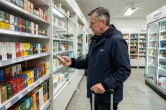 Voyageur comparant les prix de cartouches de cigarettes dans une boutique duty-free à la frontière suisse