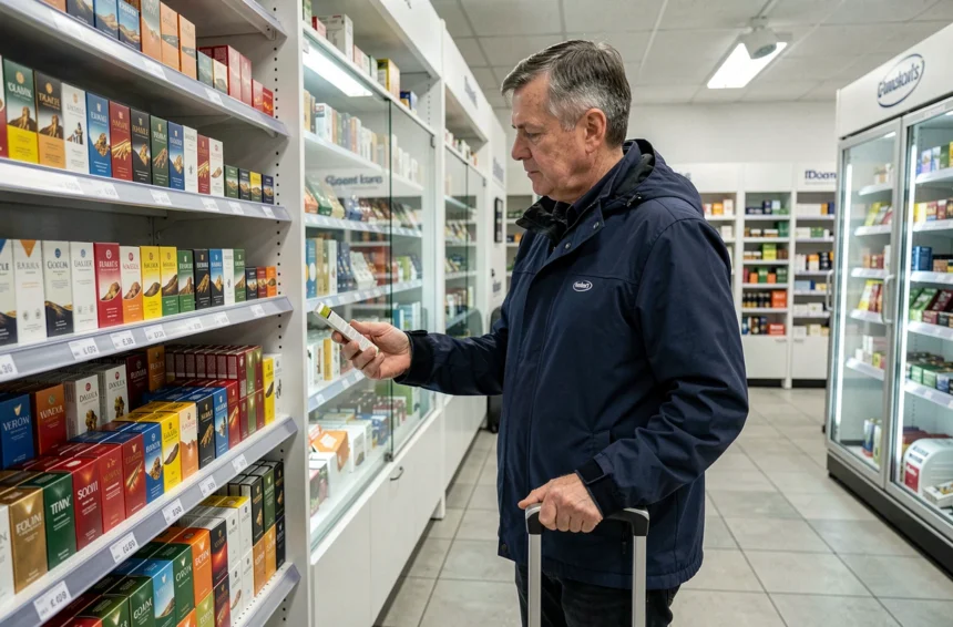 Voyageur comparant les prix de cartouches de cigarettes dans une boutique duty-free à la frontière suisse