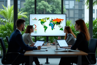 Groupe de professionnels analysant des graphiques d'empreinte carbone dans un bureau moderne