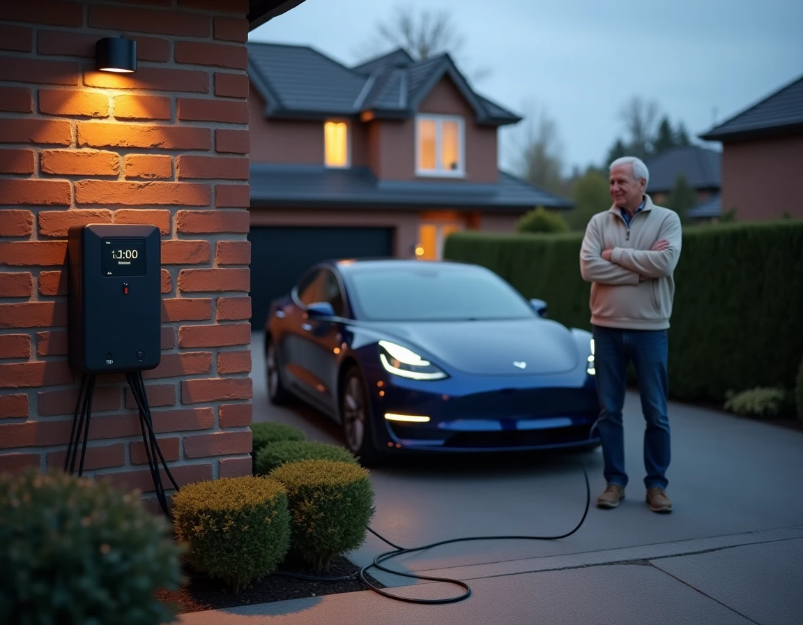 Homme supervisant la recharge programmée d'une voiture électrique sur borne extérieure en entrée de maison pavillonnaire au crépuscule