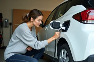 Femme branchant un câble de recharge sur une voiture électrique blanche dans un garage résidentiel avec une wallbox murale