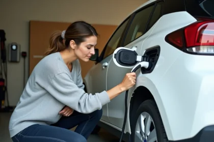 Femme branchant un câble de recharge sur une voiture électrique blanche dans un garage résidentiel avec une wallbox murale
