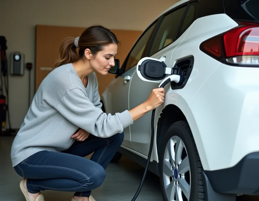 Femme branchant un câble de recharge sur une voiture électrique blanche dans un garage résidentiel avec une wallbox murale