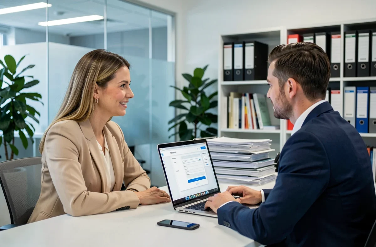 Cliente et conseiller en assurance consultant un comparateur d'assurance décennale sur ordinateur