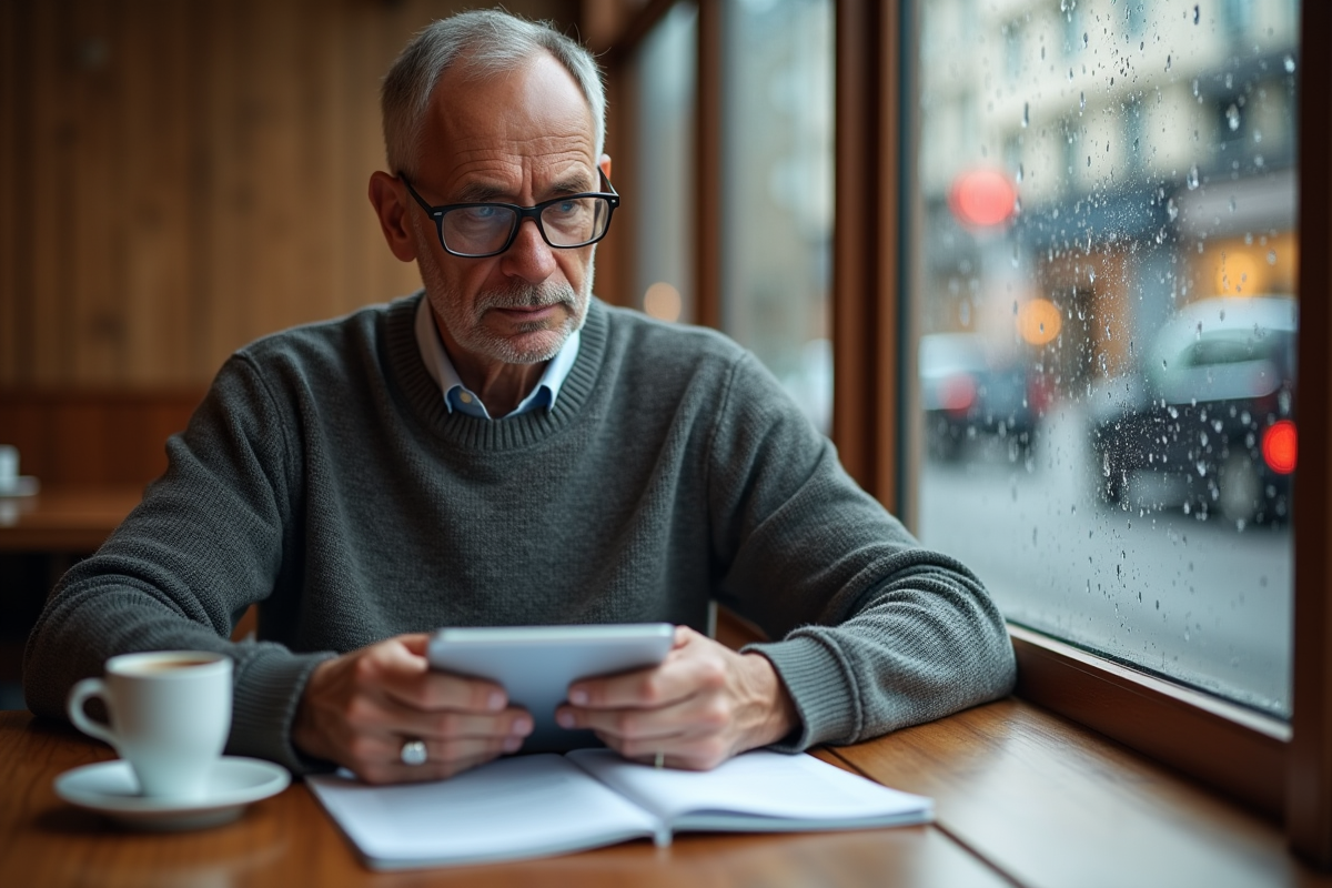 Homme retraité utilisant une tablette dans un café