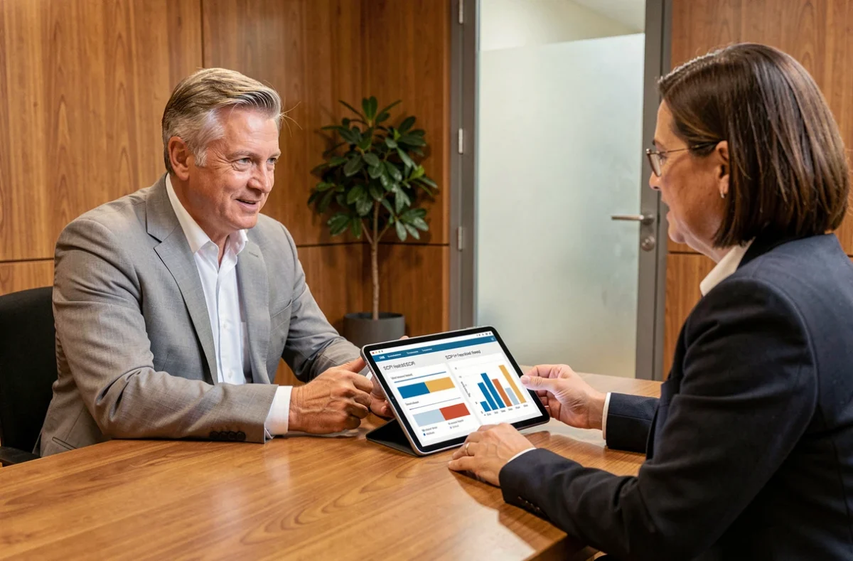 Investisseur et conseiller financier comparant les rendements de SCPI sur une tablette en réunion