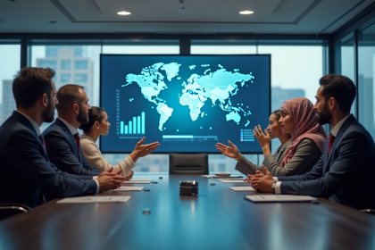 Professionnels en réunion autour d'une carte du monde