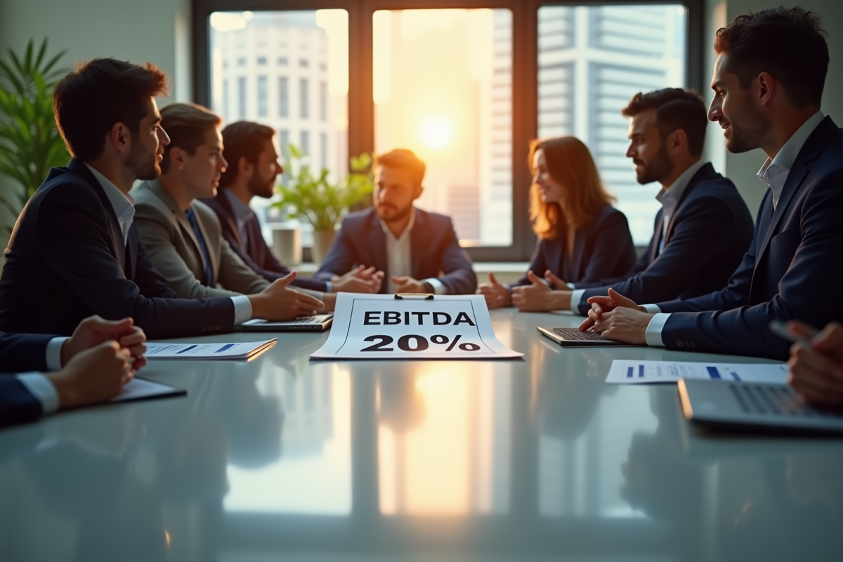 Equipe en réunion discutant rapport avec EBITDA 20 pourcent