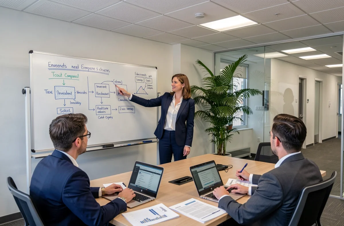 Conseillère financière présentant la structure fiscale des SCPI détenues par une personne morale lors d'une réunion d'entreprise