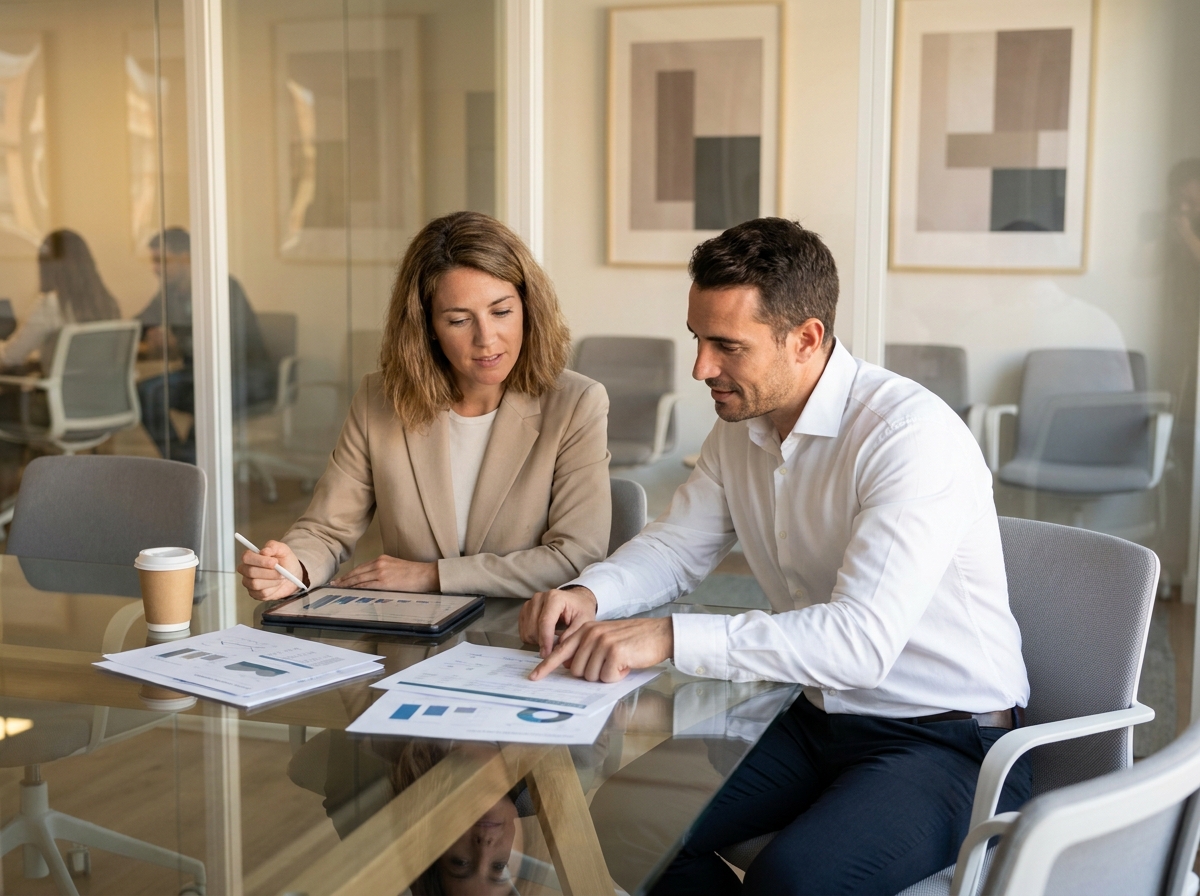 Deux professionnels en portage salarial discutant de gestion financière et comptabilité autour d'une table en verre dans un espace de coworking