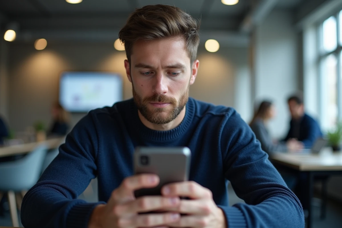 Homme vérifiant la sécurité de sa connexion bancaire Crédit Agricole sur smartphone dans un espace de coworking