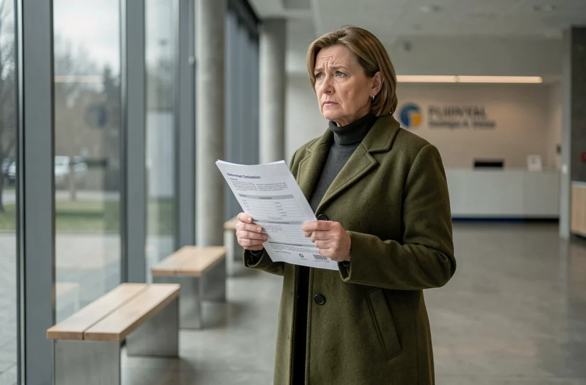 Femme tenant un formulaire de simulation retraite dans un bâtiment administratif, évoquant la pénalisation des carrières féminines par la décote des trimestres manquants