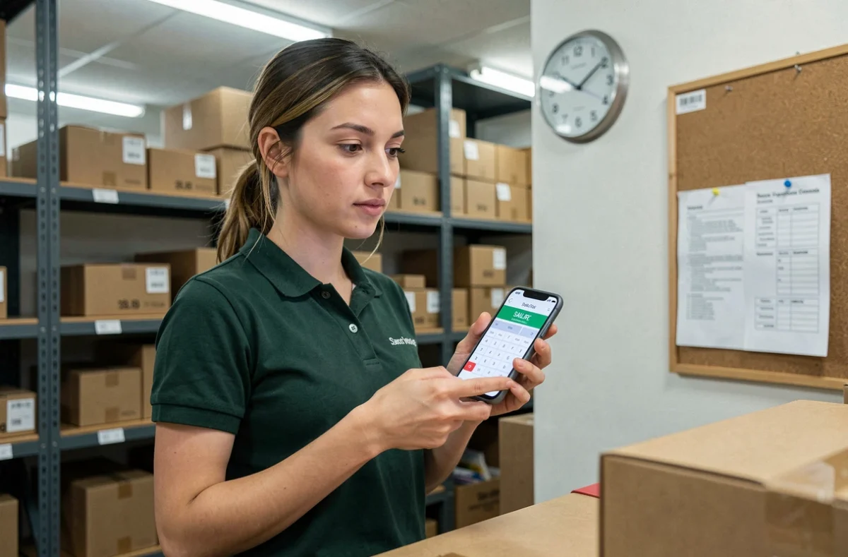 Employée à temps partiel 25 heures consultant un simulateur de salaire net SMIC sur smartphone en magasin