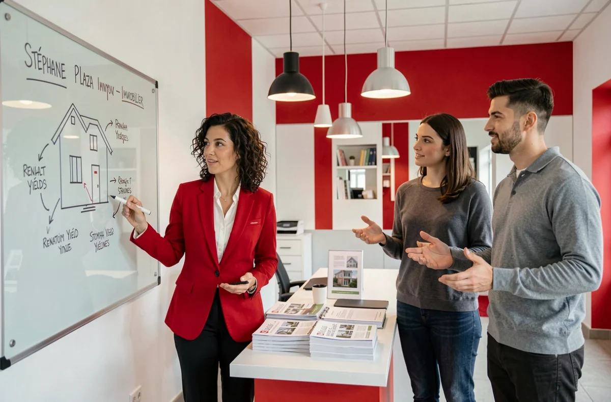 Agente Stéphane Plaza Immobilier des Yvelines expliquant une stratégie de rendement locatif sur un tableau de verre à des clients