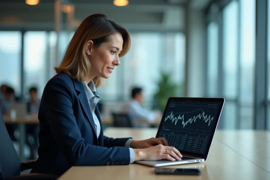 Femme cadre consultant son espace épargne salariale sur un ordinateur portable dans un bureau moderne