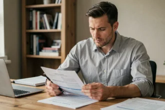 Homme consultant son contrat d'assurance voiture à son bureau pour savoir s'il peut suspendre temporairement sa couverture