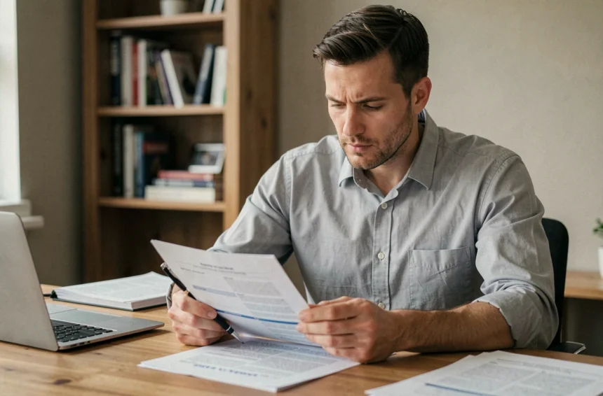 Homme consultant son contrat d'assurance voiture à son bureau pour savoir s'il peut suspendre temporairement sa couverture
