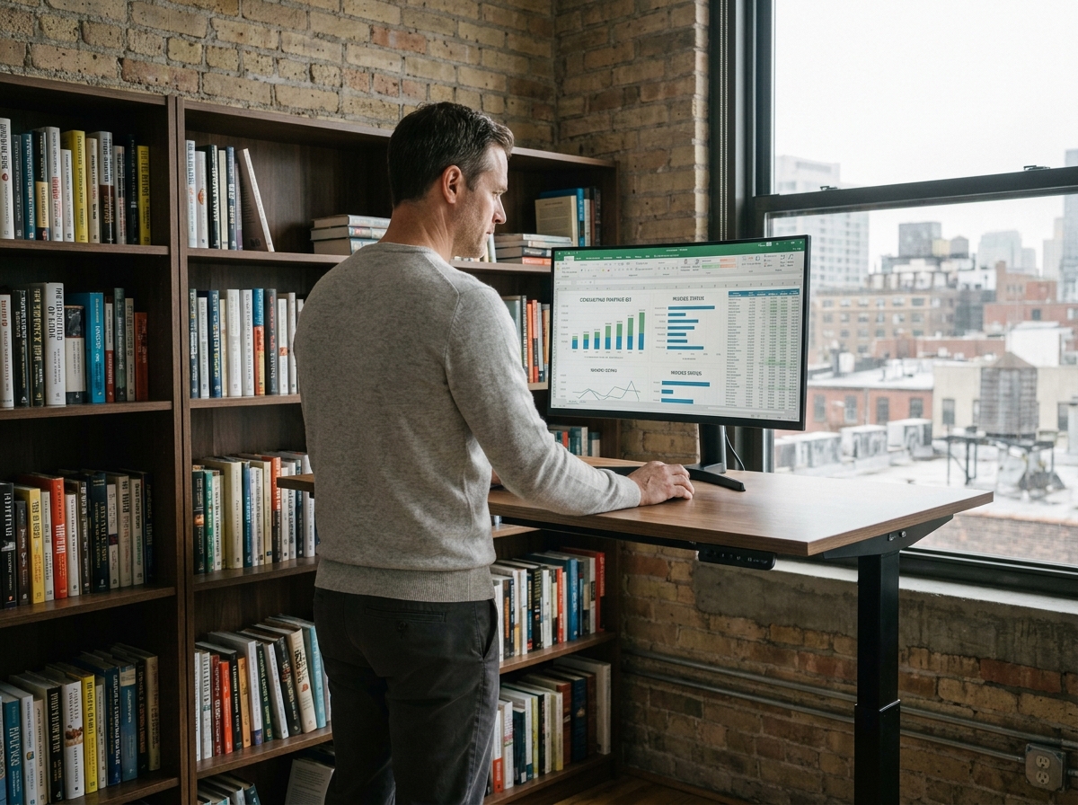 Freelance en portage salarial consultant un tableau de bord financier sur grand écran dans un bureau à domicile avec mur en briques