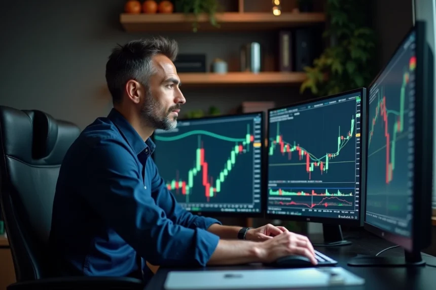 Trader utilisant un robot de trading automatisé sur plusieurs écrans avec des graphiques en chandeliers dans un bureau moderne