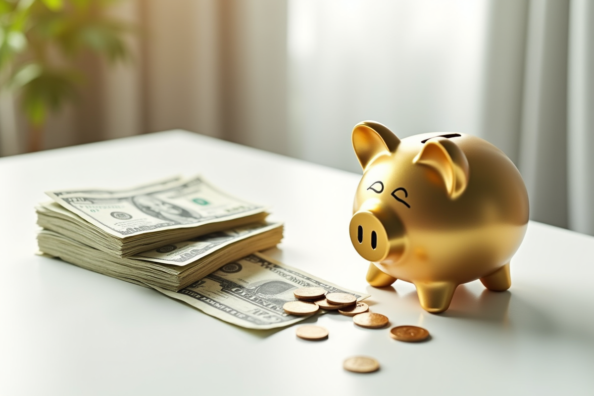 Tas de obligations du Trésor américain avec des billets et un cochon tirelire renversé