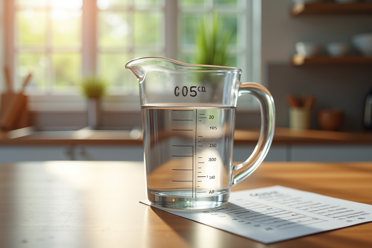 Verre mesureur d'eau sur plan de travail en bois
