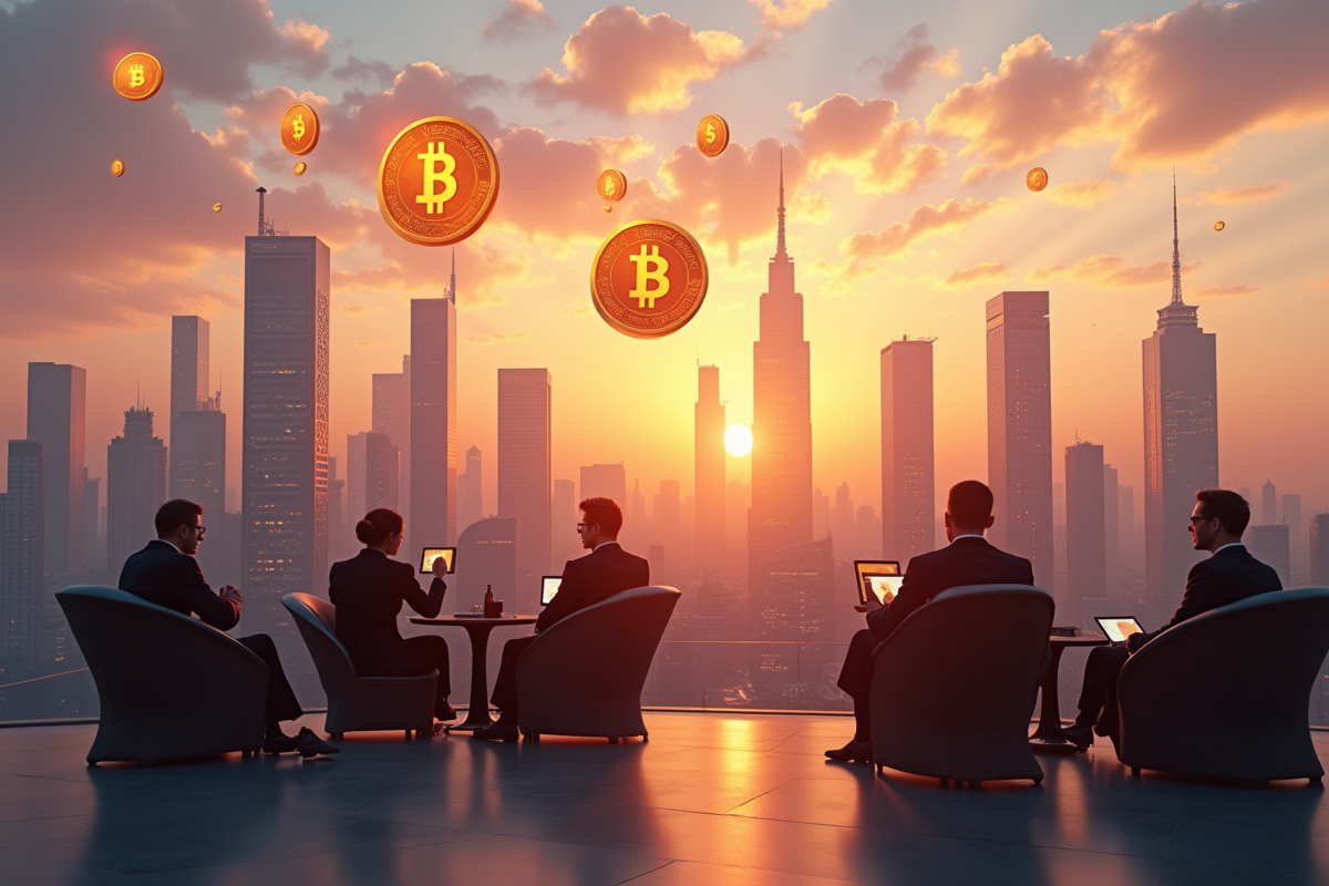 Ville futuriste avec hologrammes de cryptomonnaies au lever du soleil