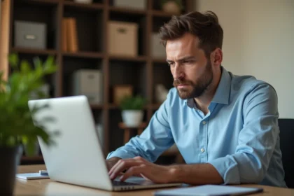 Homme consultant un virement bancaire en ligne sur son ordinateur portable dans un bureau à domicile