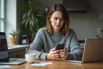 Femme consultant une application bancaire le samedi matin pour effectuer un virement, assise dans sa cuisine avec son smartphone