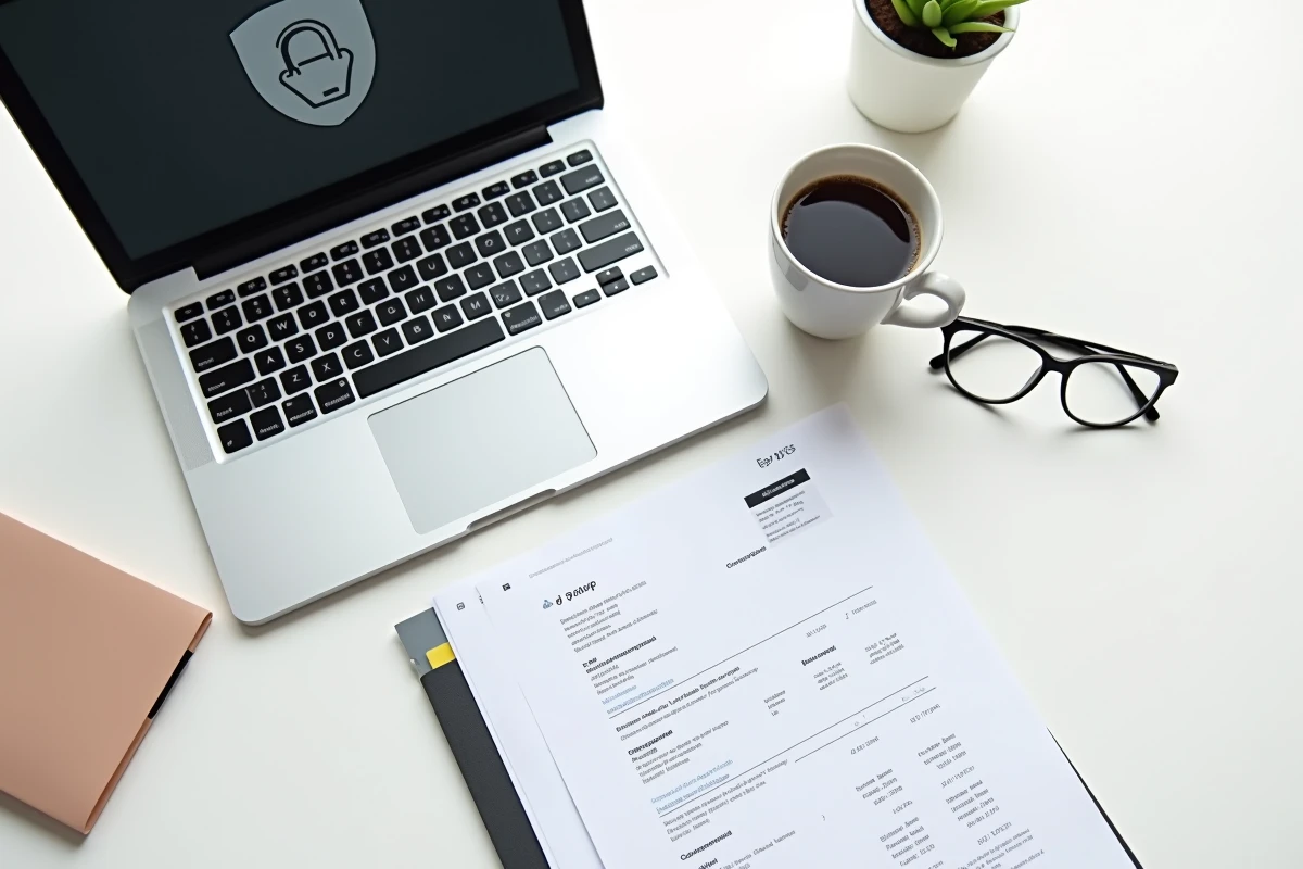 Vue aérienne d'un bureau minimaliste avec ordinateur portable affichant un coffre-fort numérique de bulletins de salaire et documents imprimés