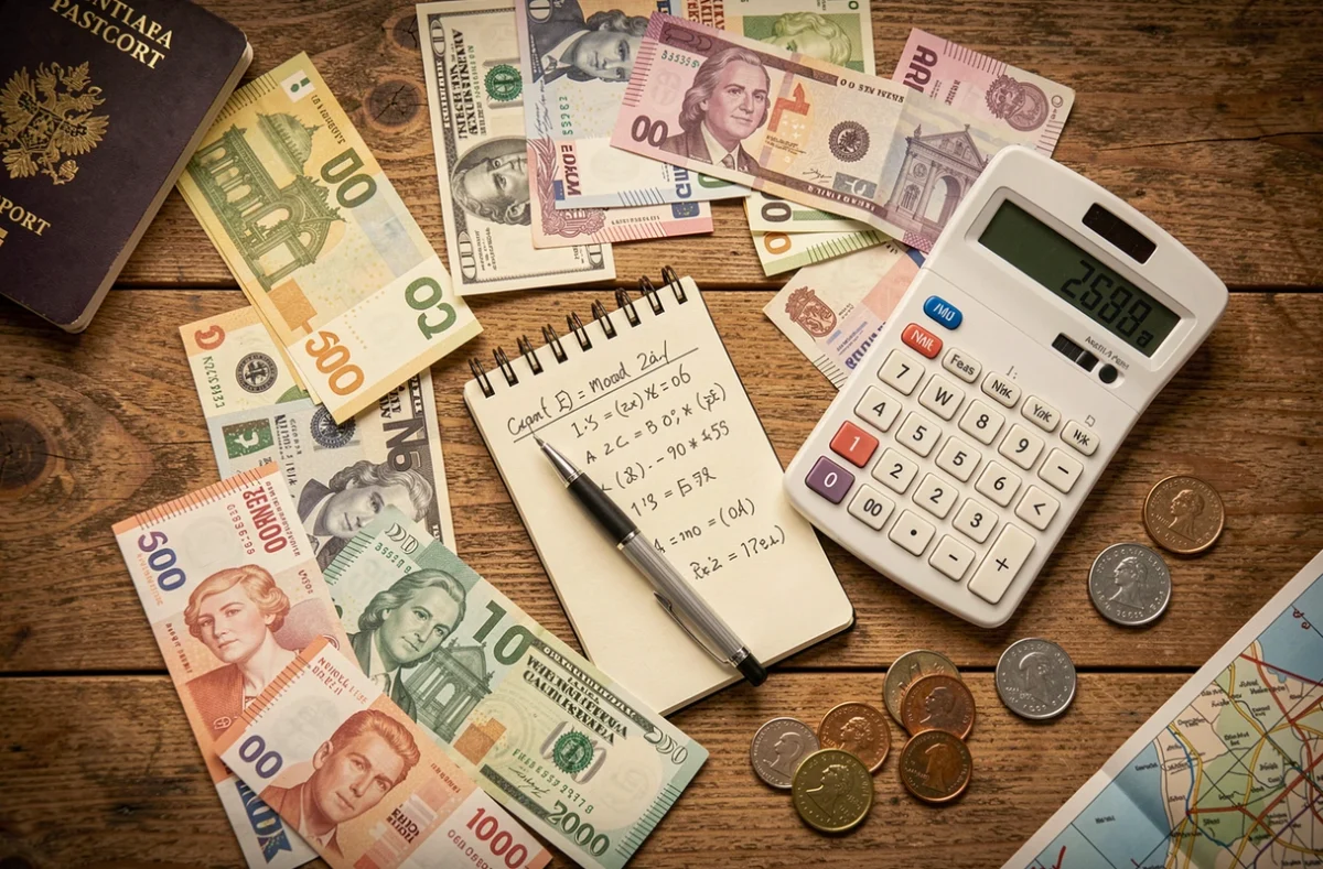 Vue de dessus d'une calculatrice entourée de billets en euros et autres devises internationales sur une table en bois