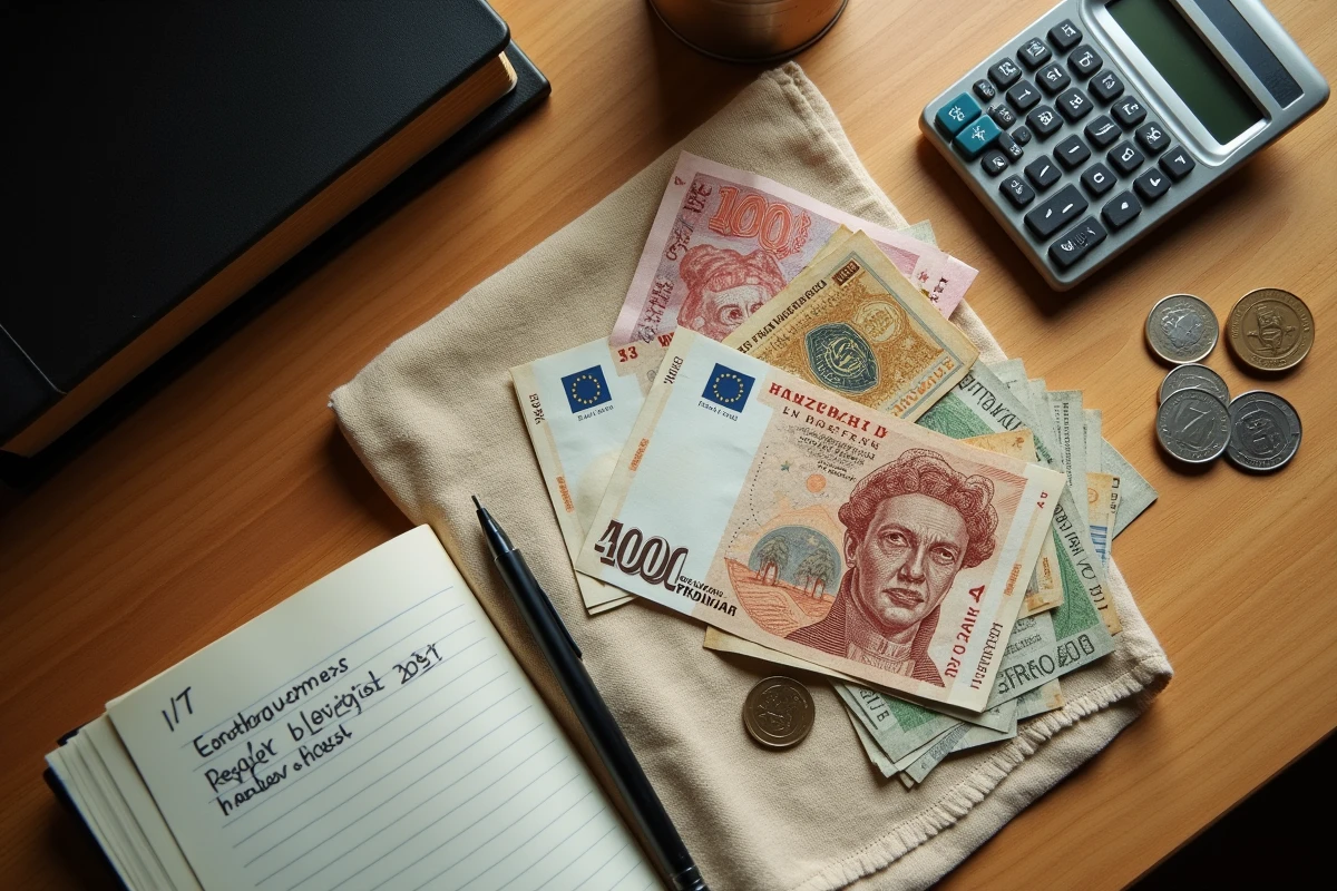 Vue de dessus de billets de francs suisses, pièces d'euros et calculatrice sur une table en bois pour illustrer la conversion monétaire