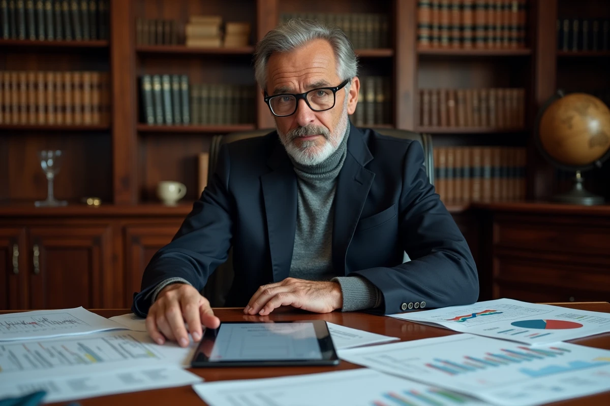 Investisseur milliardaire analysant des graphiques financiers et des portefeuilles d'investissement dans un bureau privé au style classique