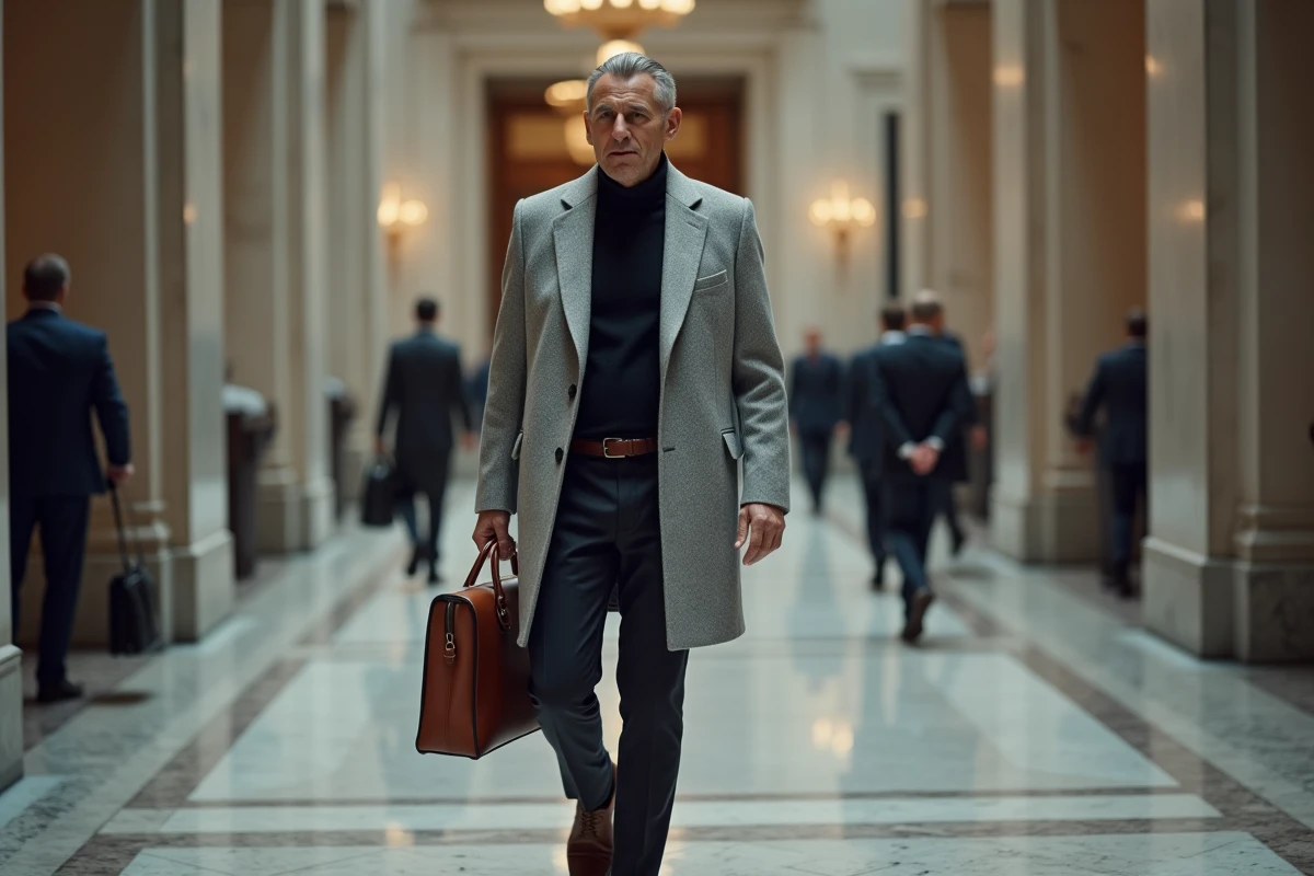 Homme d'affaires fortuné traversant le hall d'une institution financière de prestige, illustrant le parcours d'un milliardaire et ses placements