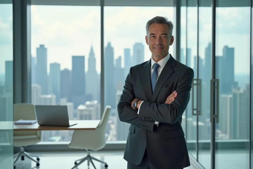 Homme d'affaires milliardaire en costume sur fond de skyline urbain, symbolisant la réussite financière et les investissements stratégiques